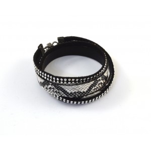 2 rows faux snake leather and faux shiny black suede bracelet